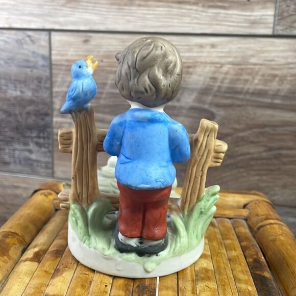 Hummel Style Unbranded Figurine Boy Standing Fence with Geese & Bird Taiwan, Vtg - Picture 3 of 4
